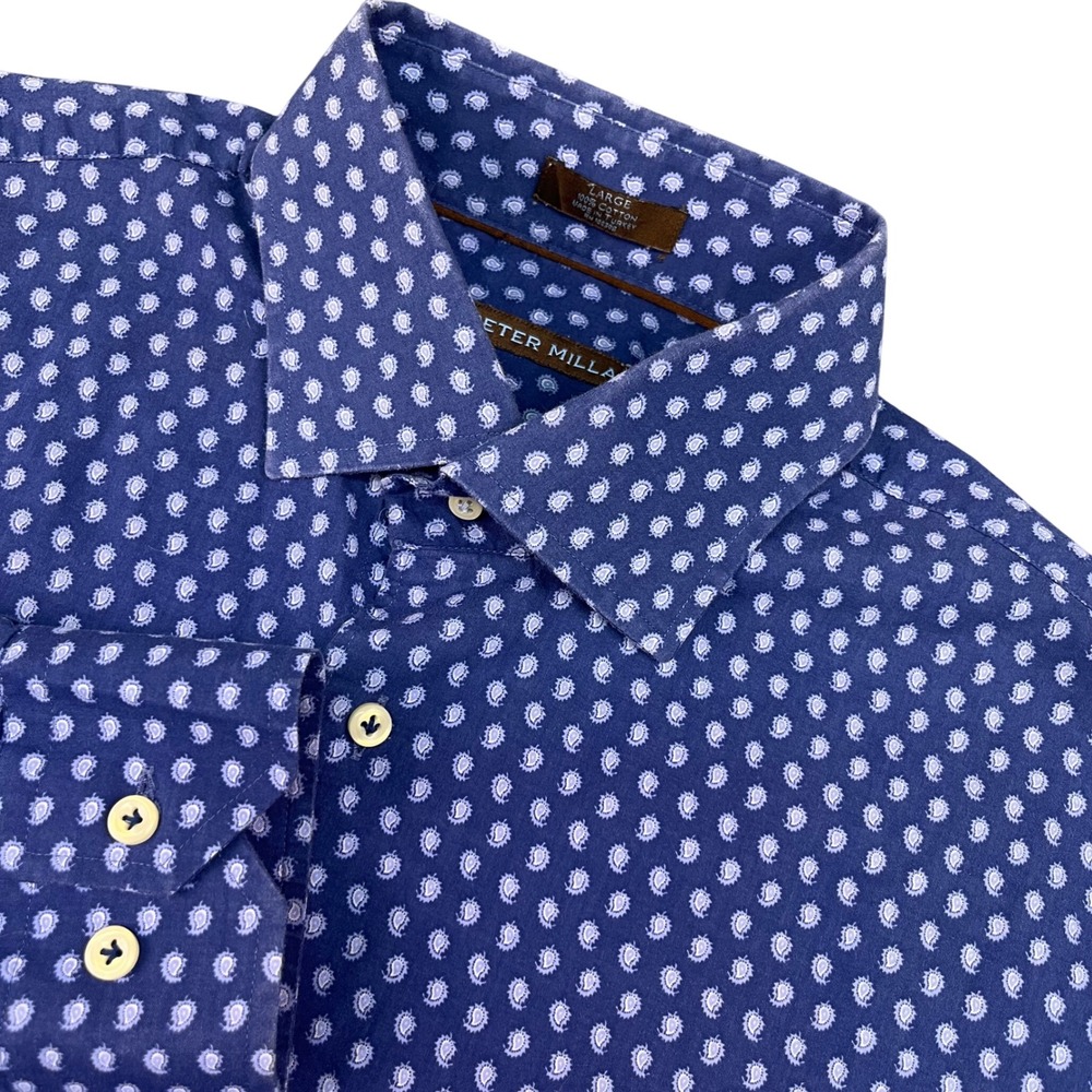 Peter Millar Men's Large Blue Paisley Long Sleeve Button Down Cotton Shirt